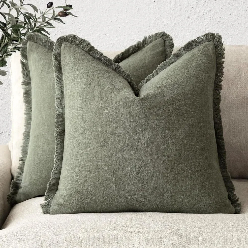 Decorative Linen Fringe Throw Pillow Covers Boho 24x24